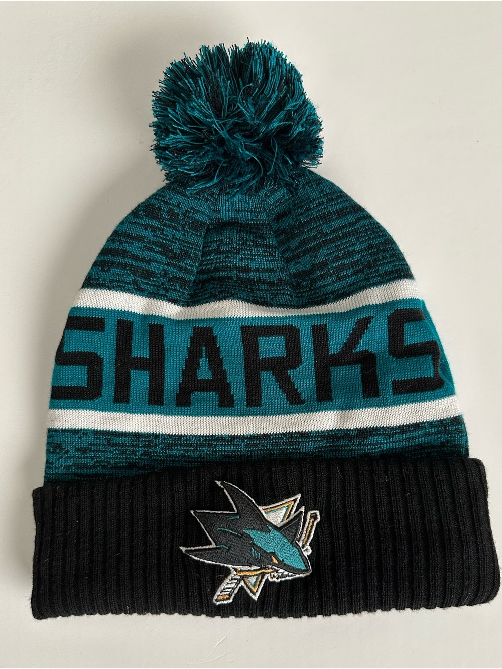 NHL San Hose Sharks Pom Beanie Hat Hockey Black Blue Winter Mens Womens Boys